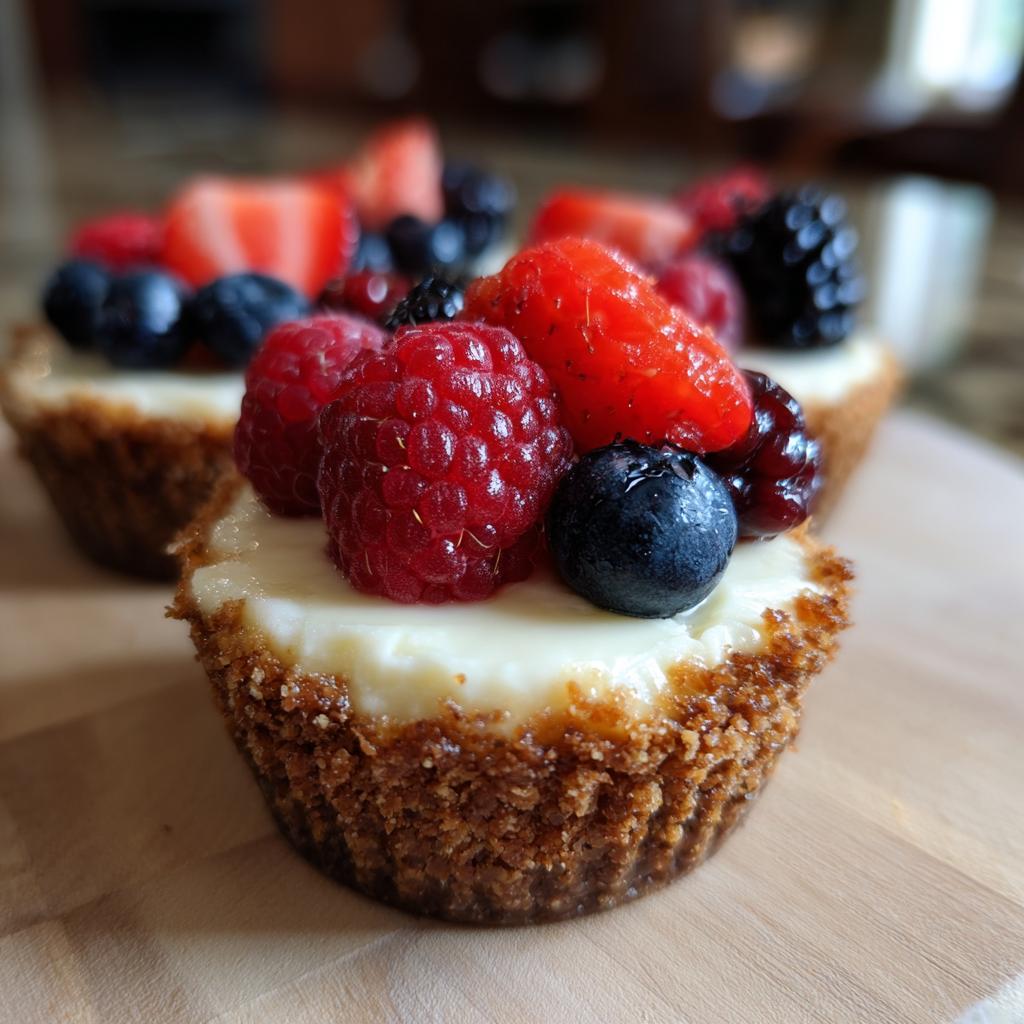 Close-up of a no-bake cheesecake cup topped with fresh raspberries, blueberries, and strawberries, perfect for Fourth of July desserts.