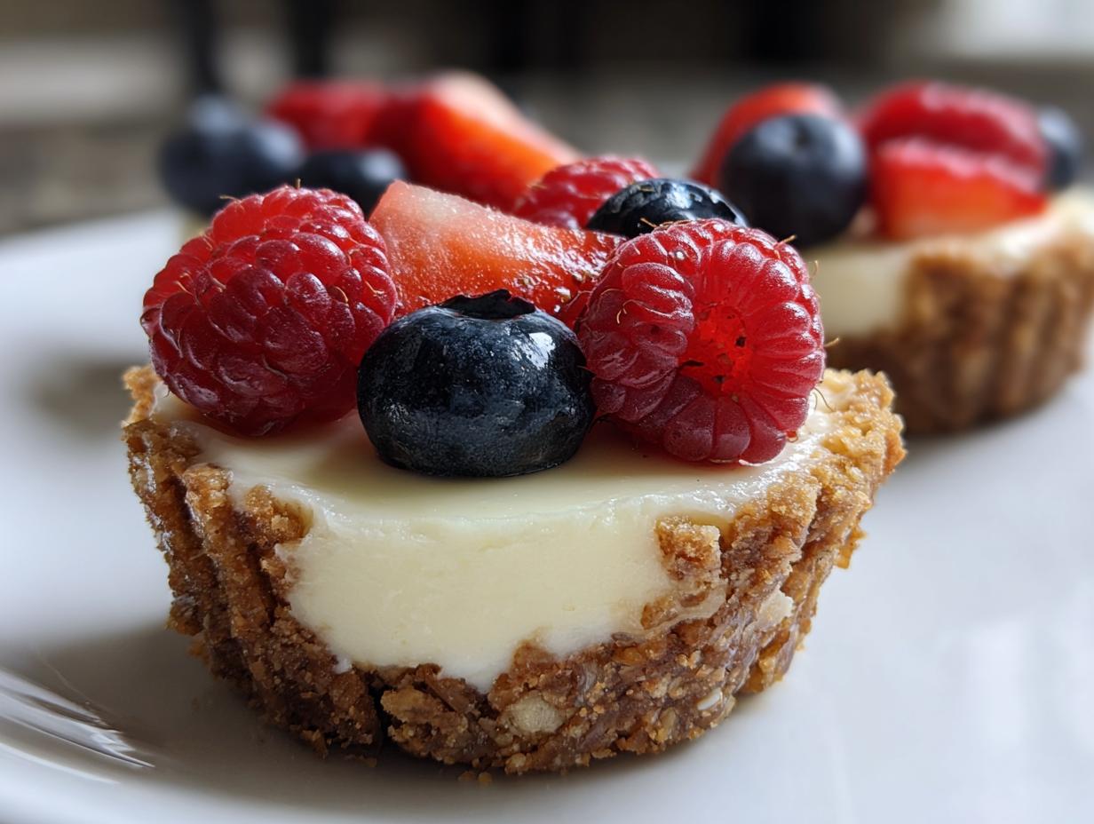 Close-up of a no bake cheesecake cup topped with fresh raspberries, blueberries, and strawberries, perfect for Fourth of July desserts.