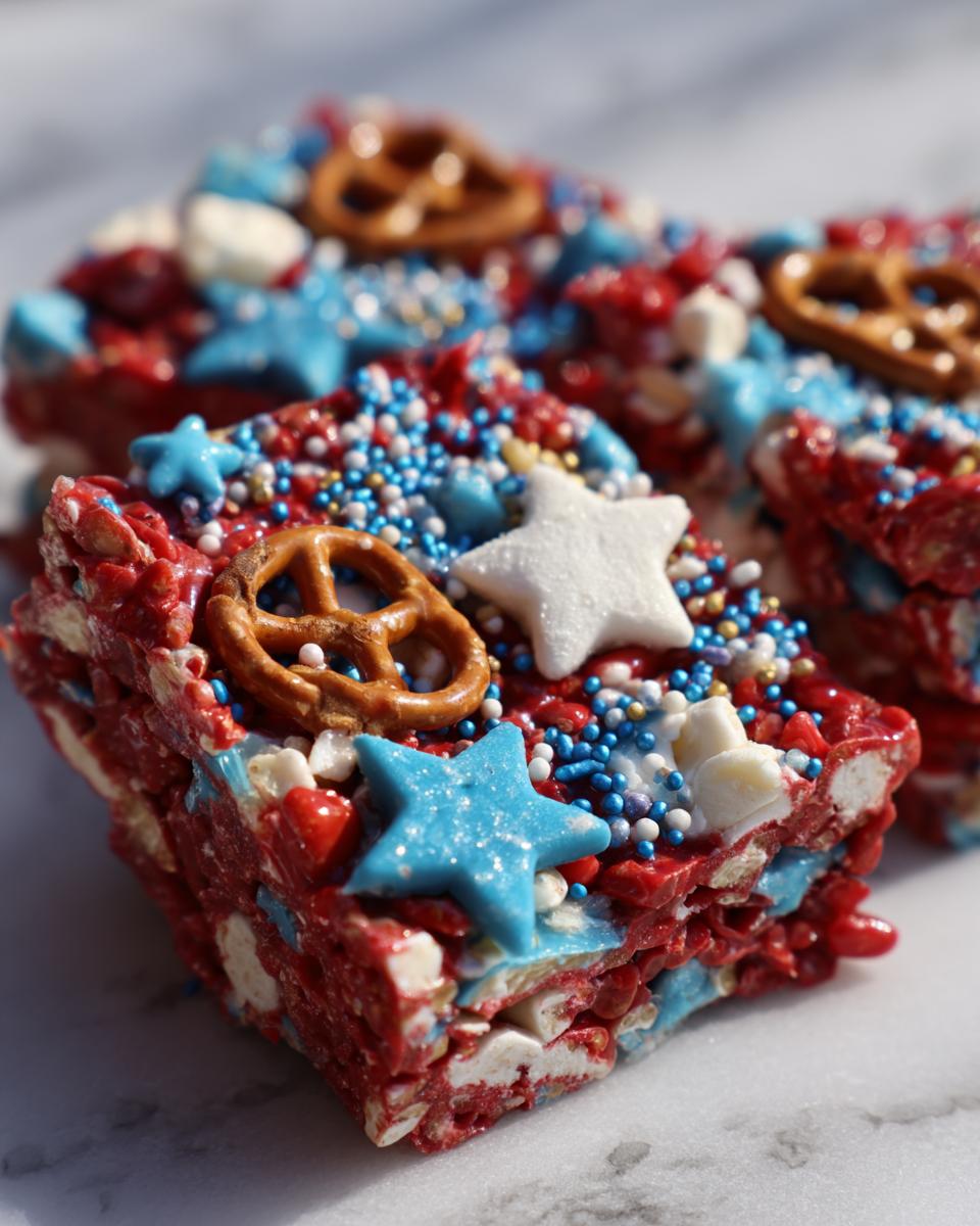Close-up of Fourth of July desserts: Patriotic snack mix bark with red, white, and blue colors, stars, and pretzels.