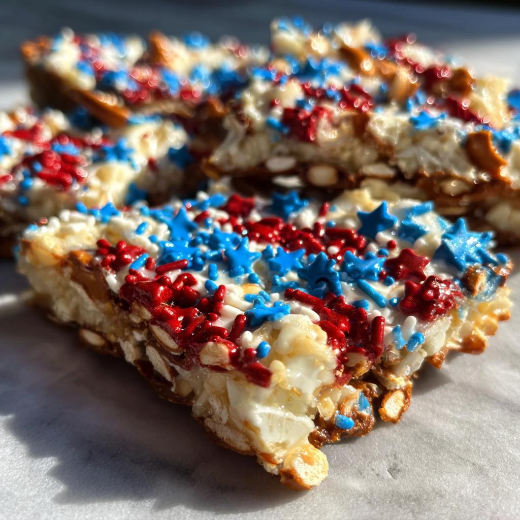 Close-up of Fourth of July Desserts: Patriotic Snack Mix Bark with red, white, and blue sprinkles and star shapes.
