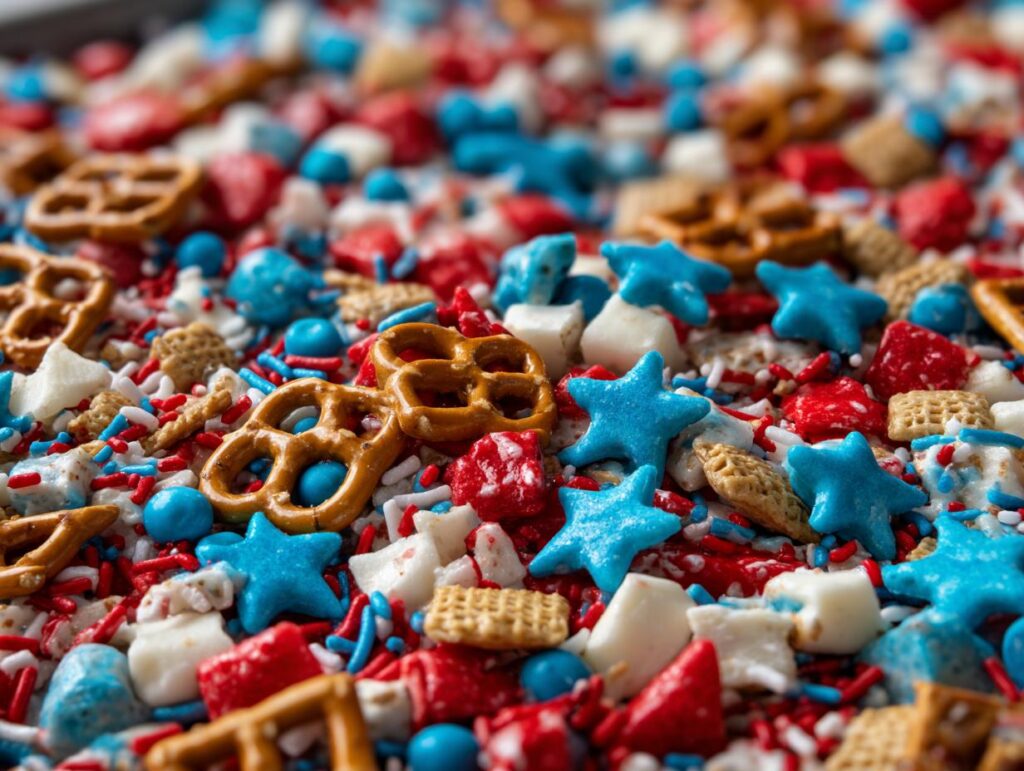Close-up of Fourth of July Desserts: Patriotic Snack Mix Bark with pretzels, blue stars, red and white candies, and sprinkles.