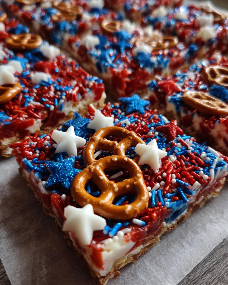 Close-up of Fourth of July desserts: patriotic snack mix bark slices topped with pretzels, stars, and red, white, and blue sprinkles.