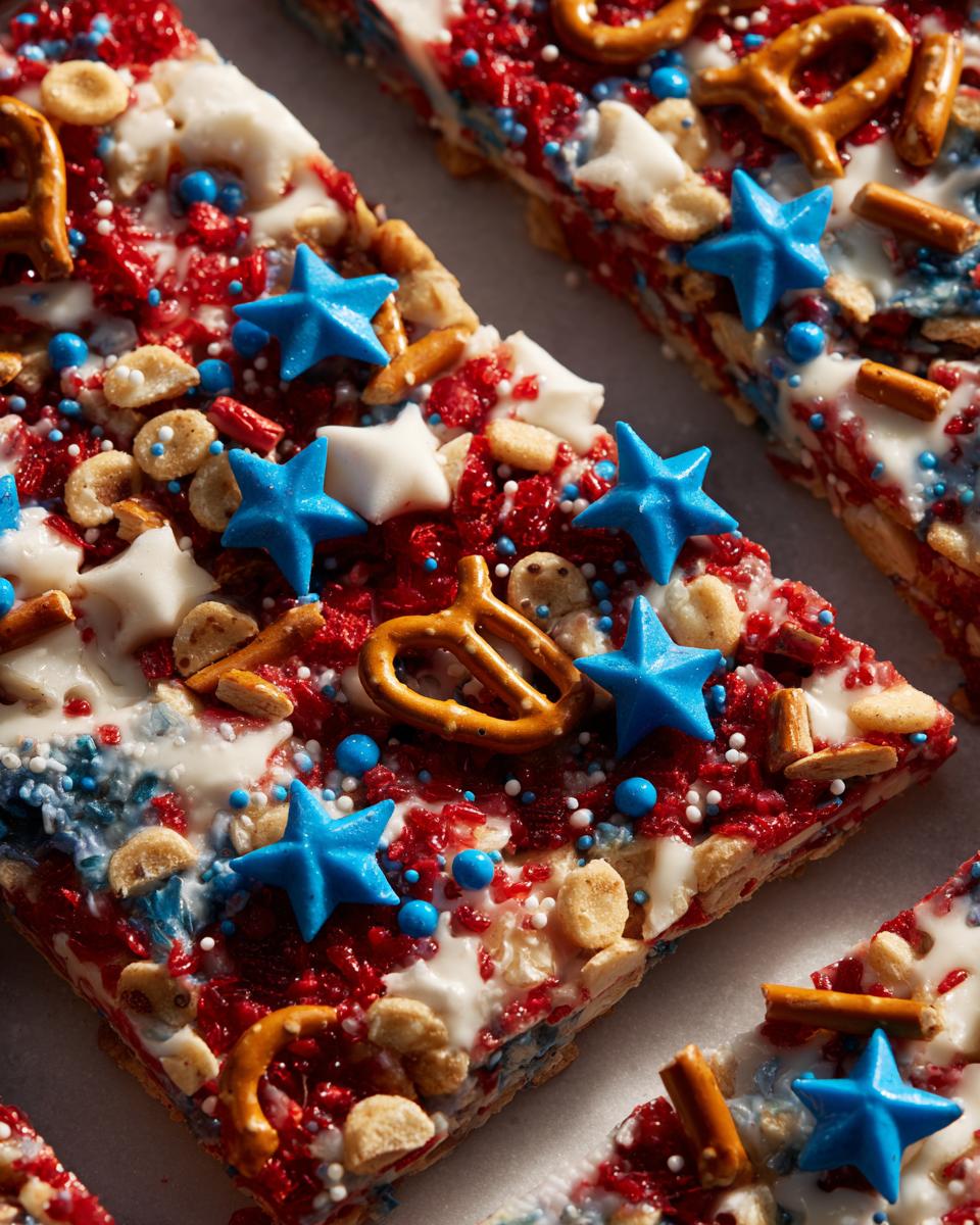 Close-up of patriotic snack mix bark with red, white, and blue sprinkles, pretzels, and star candies for Fourth of July desserts.