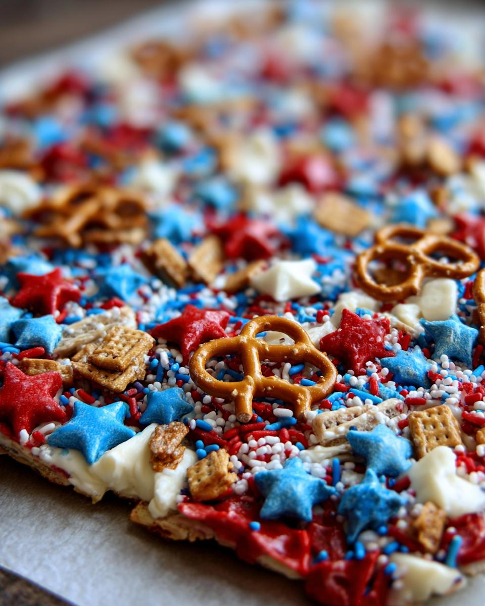 Close-up of Fourth of July Desserts: Patriotic Snack Mix Bark with red, white, and blue sprinkles, star candies, pretzels, and crackers.