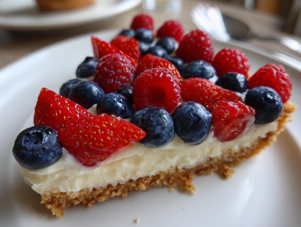 A slice of Fourth of July Flag Fruit Pizza on a cookie crust, topped with cream cheese and fresh berries.