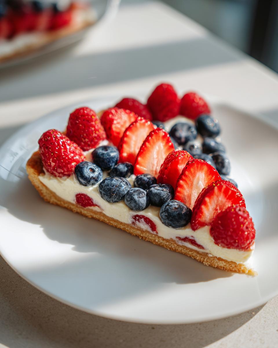 A slice of Fourth of July Flag Fruit Pizza on a cookie crust, topped with cream cheese frosting and fresh berries.