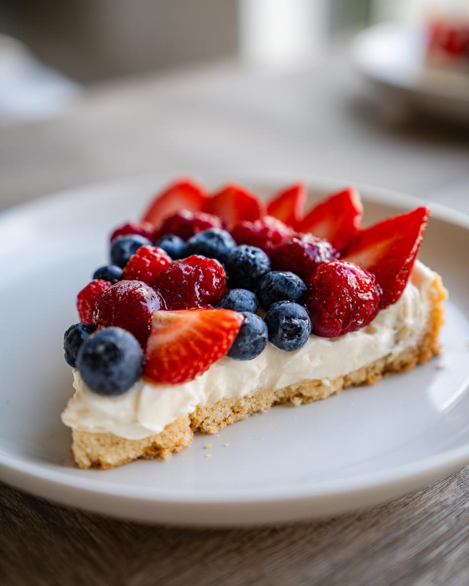 A slice of Fourth of July Flag Fruit Pizza on a cookie crust, topped with cream cheese frosting and fresh berries.