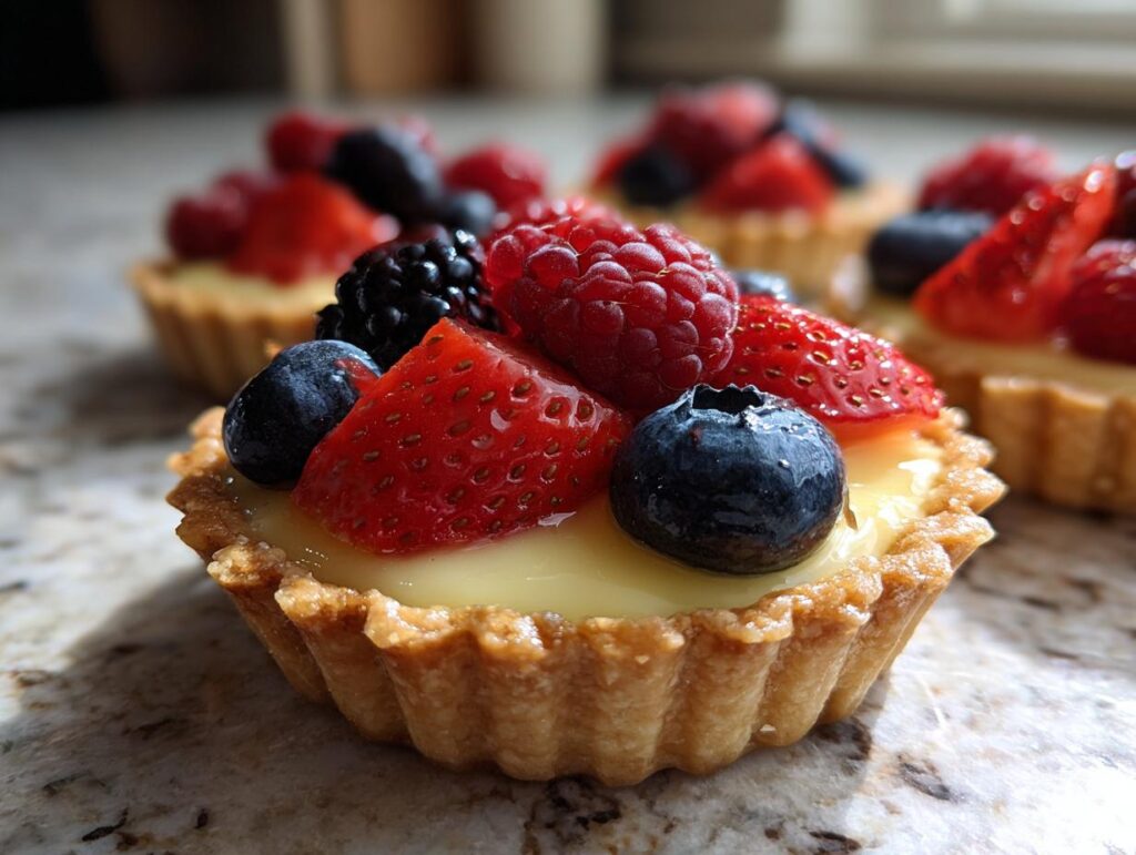 Close-up of Fourth of July mini tartlets filled with cream and topped with fresh berries like strawberries, blueberries, and raspberries.