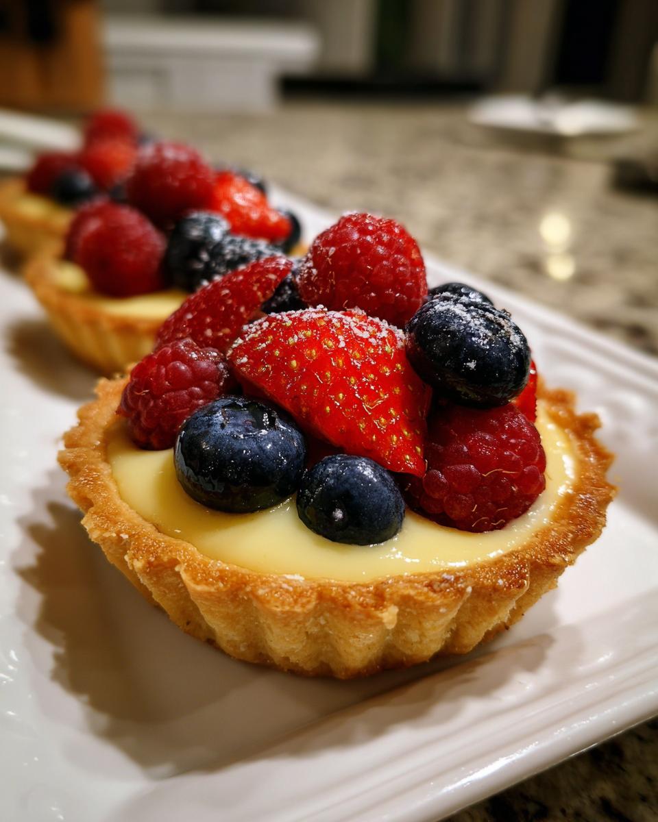 Close-up of Fourth of July mini tartlets filled with cream and topped with fresh strawberries, blueberries, and raspberries.