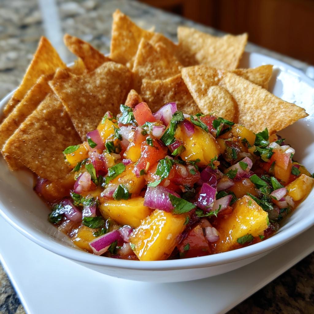Close-up of fresh peach salsa with diced peaches, red onion, tomatoes, and cilantro, served with cinnamon chips.
