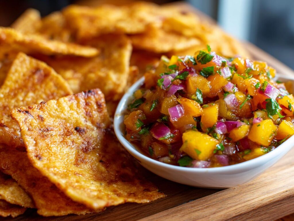 Close-up of fresh peach salsa with diced peaches, red onion, and cilantro, served with cinnamon chips.