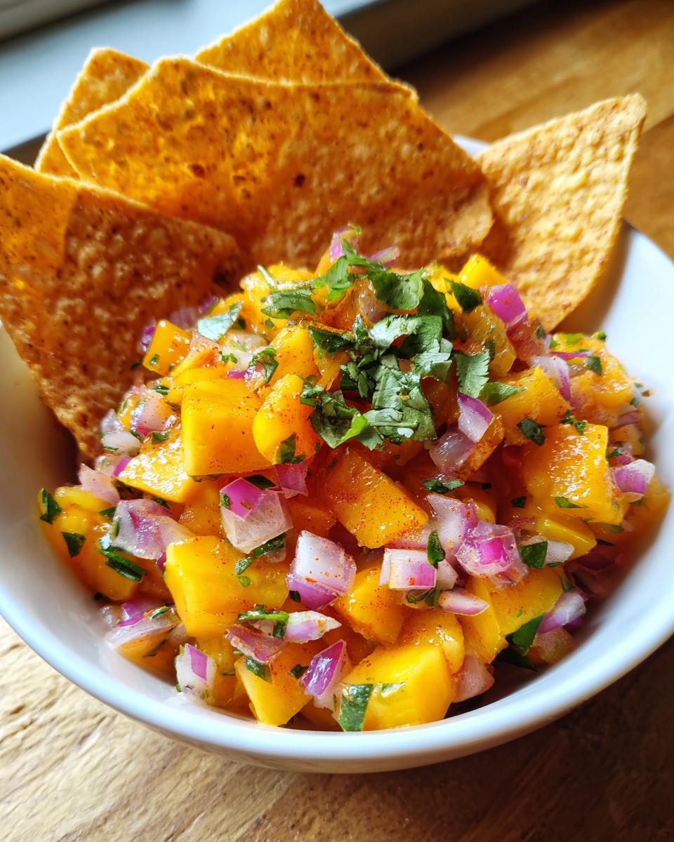 Close-up of fresh peach salsa with diced red onion and cilantro, served with cinnamon chips.