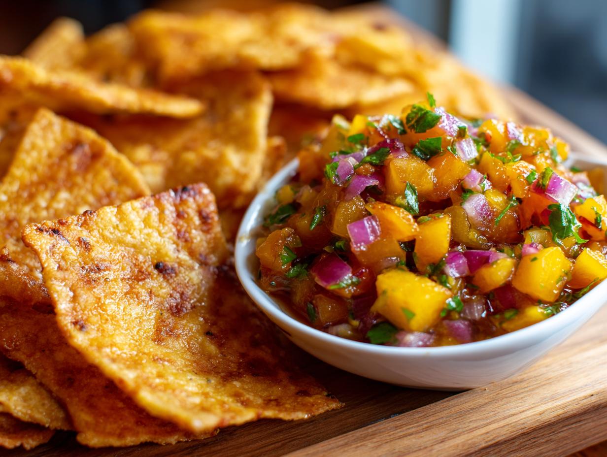 Close-up of fresh peach salsa with diced peaches, red onion, and cilantro, served with cinnamon chips.
