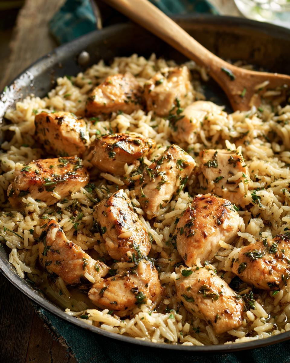 Close-up of juicy garlic butter chicken pieces served over fluffy rice, garnished with fresh herbs. An easy dinner recipe.