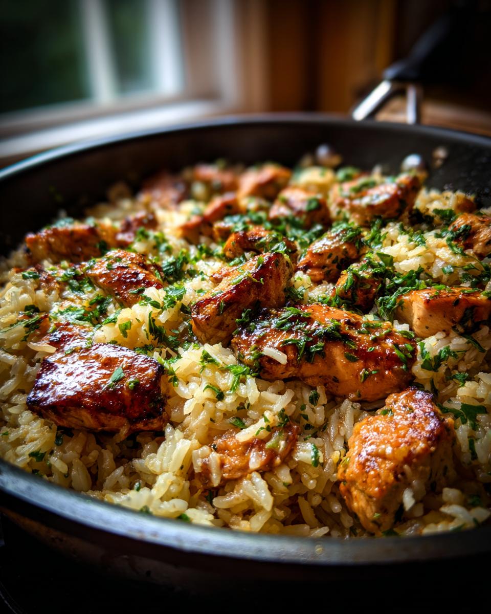 Close-up of pan-fried garlic butter chicken and rice, garnished with fresh parsley. Easy dinner recipe.