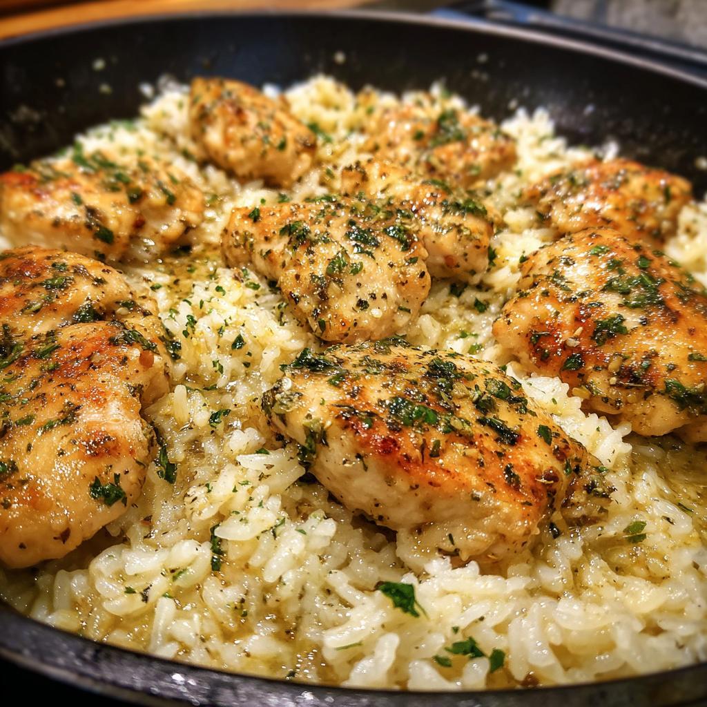 Close-up of tender garlic butter chicken pieces served over fluffy white rice, garnished with parsley. An easy dinner recipe.