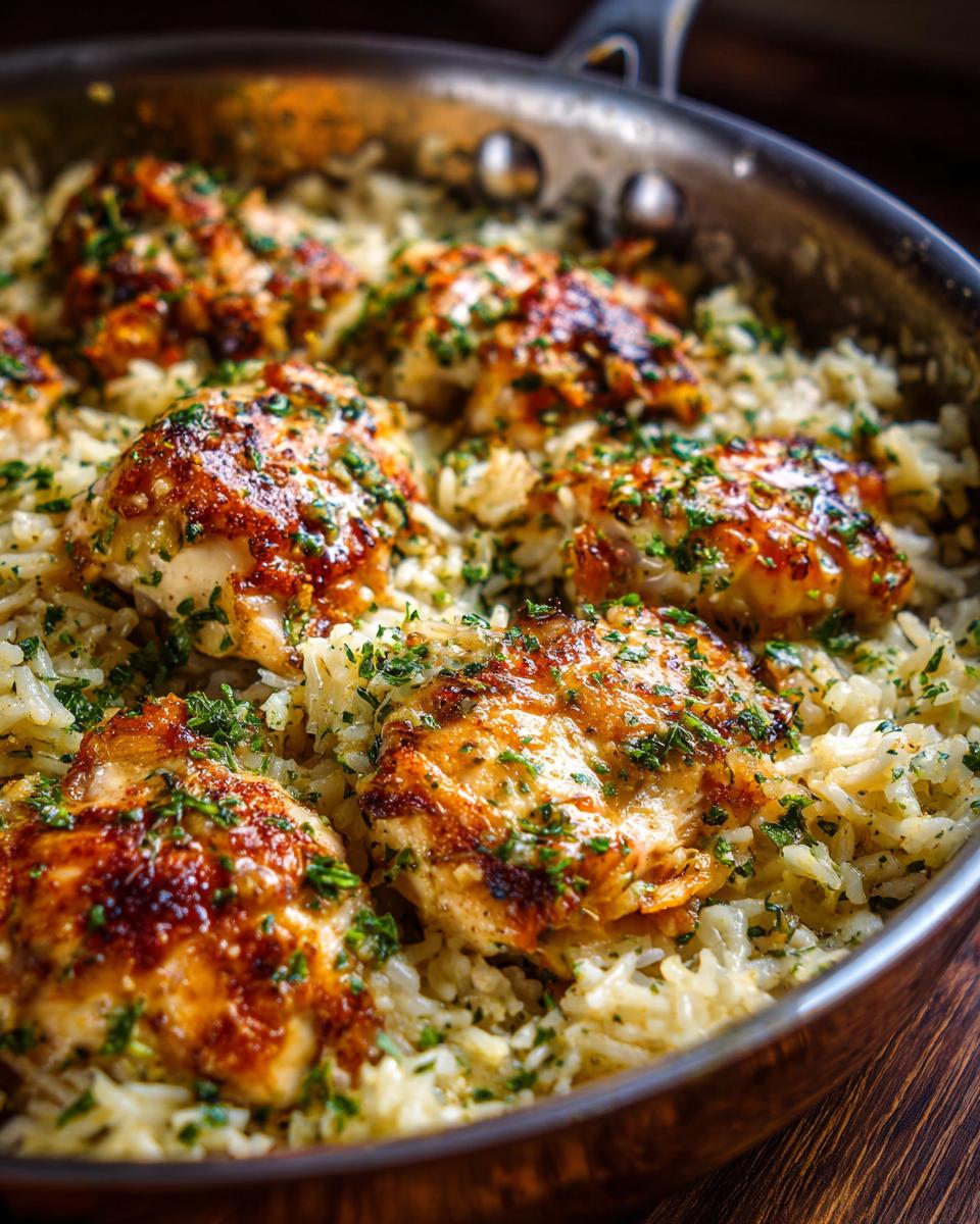 Close-up of a skillet filled with fluffy rice and golden-brown garlic butter chicken, garnished with fresh parsley.