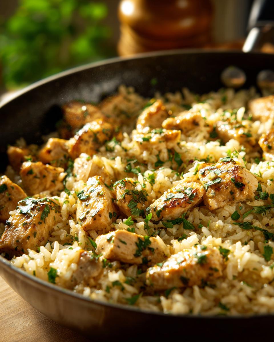 Close-up of a skillet filled with garlic butter chicken and rice, garnished with parsley. Easy Dinner Recipes With Garlic Butter Chicken and Rice.