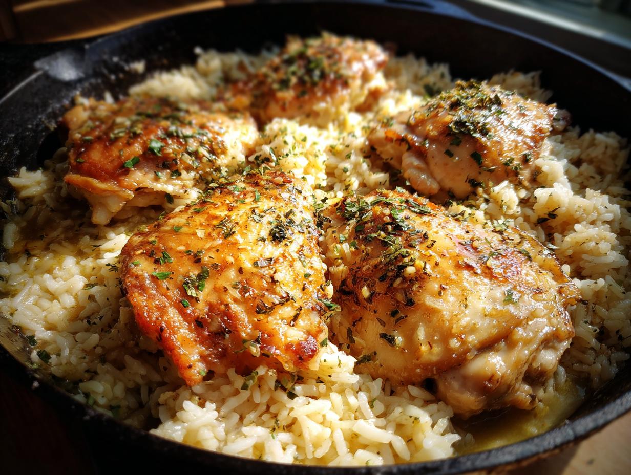 Close-up of a cast iron skillet filled with fluffy rice and golden-brown garlic butter chicken thighs, sprinkled with herbs.