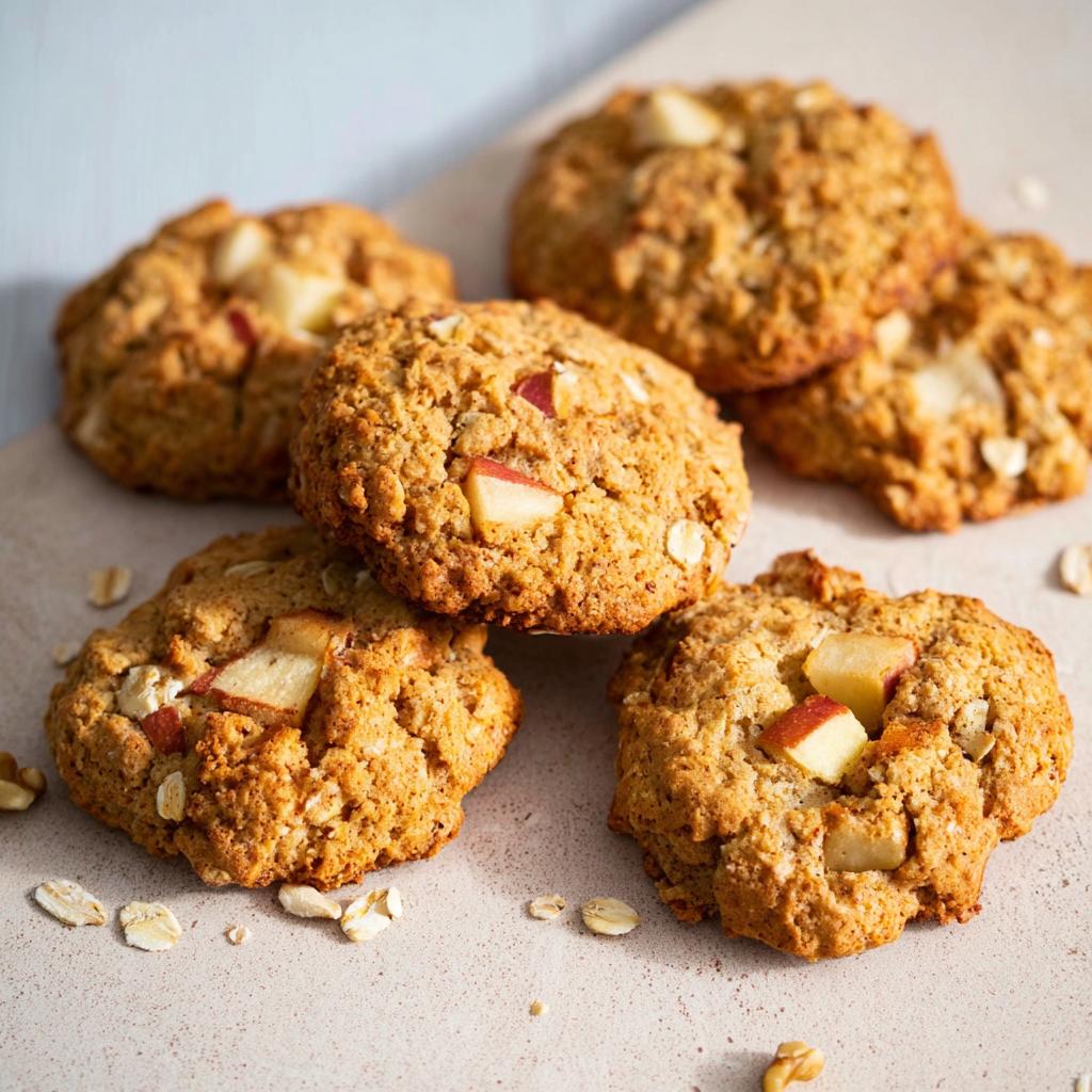 A pile of delicious Gesunde Apfel-Hafer-Kekse (healthy apple oat cookies) with visible chunks of apple and oats.