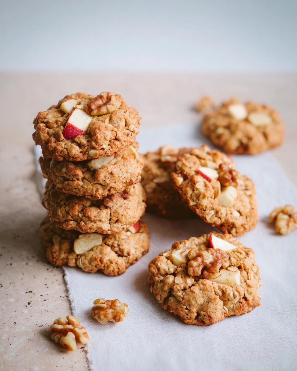 A stack of healthy apple oat cookies with visible chunks of apple and walnuts.