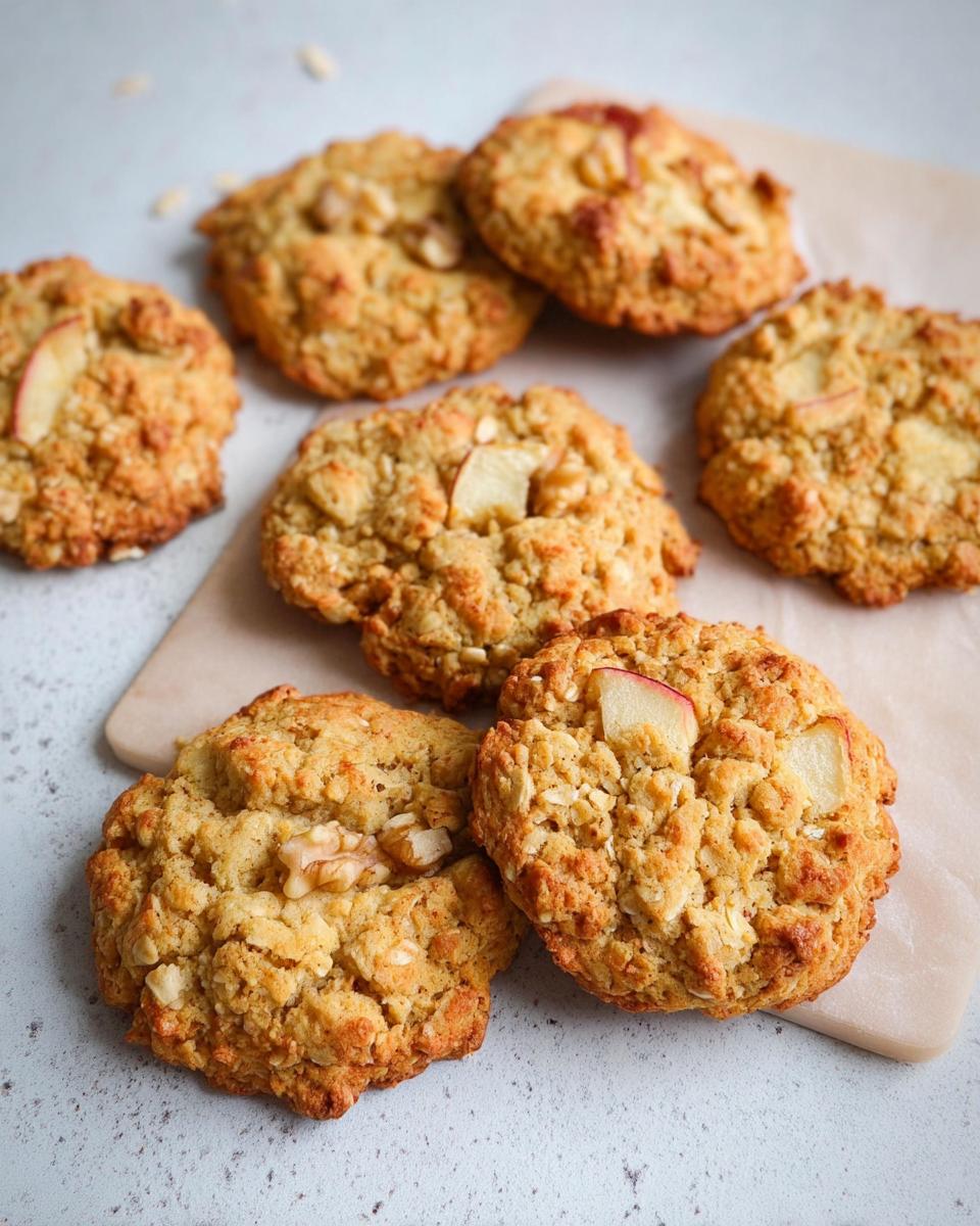 A close-up of several Gesunde Apfel-Hafer-Kekse (healthy apple oat cookies) with visible apple chunks and walnuts.