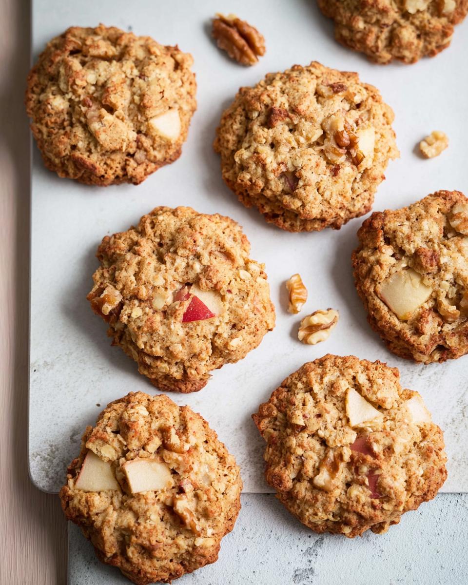 Several healthy apple oatmeal cookies with visible chunks of apple and walnuts.