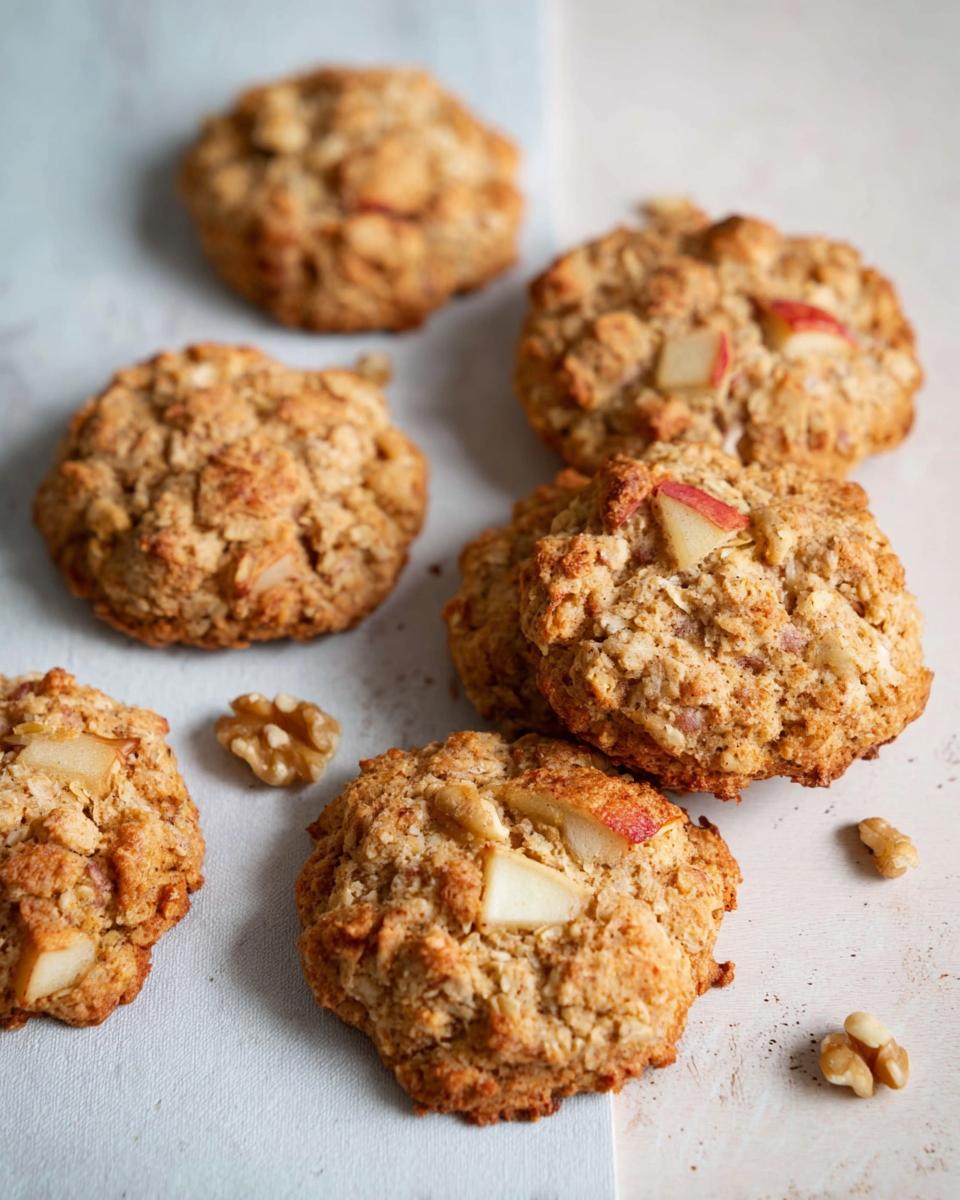 Close-up of healthy apple oat cookies (Gesunde Apfel-Hafer-Kekse) with visible apple chunks and walnuts.
