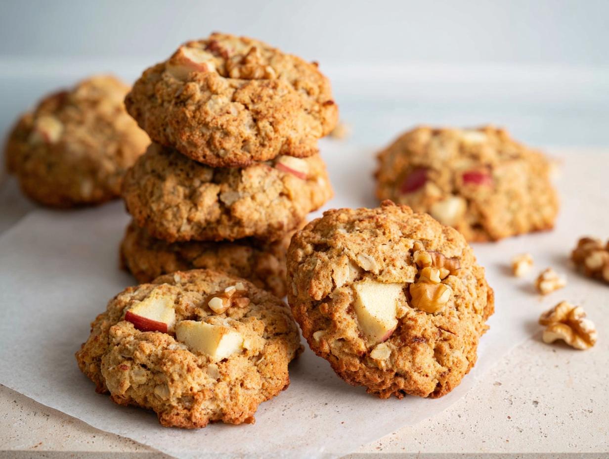A stack of healthy Gesunde Apfel-Hafer-Kekse (apple oat cookies) with visible chunks of apple and walnuts.