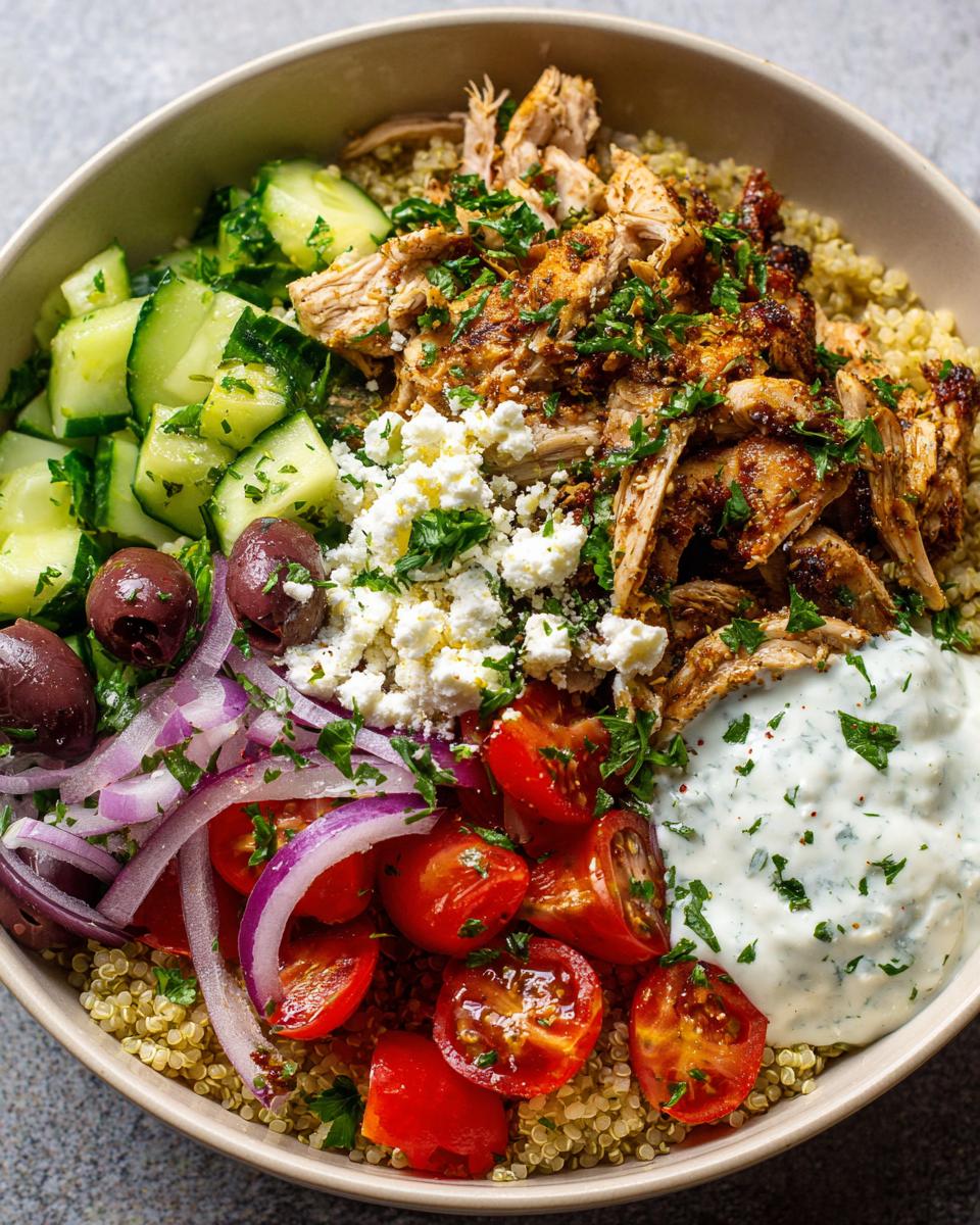 Close-up of a healthy Greek chicken bowl with quinoa, shredded chicken, cucumber, tomatoes, olives, red onion, feta cheese, and tzatziki sauce.