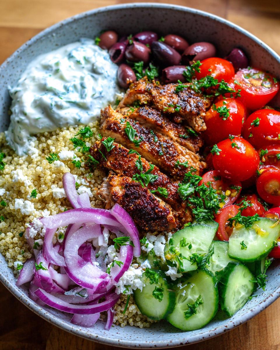 A vibrant Greek chicken bowl with quinoa, sliced chicken, tomatoes, cucumbers, olives, red onion, and tzatziki.