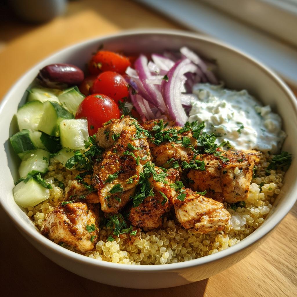 A healthy Greek chicken bowl with quinoa, grilled chicken, cucumber, tomatoes, red onion, olives, and tzatziki sauce.