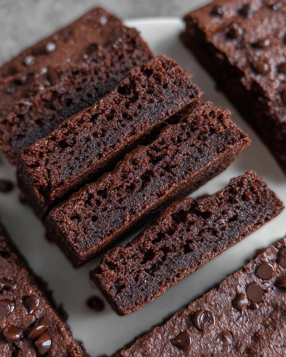 Close-up of moist Greek Yogurt Brownies, cut into bars and topped with melted chocolate chips.
