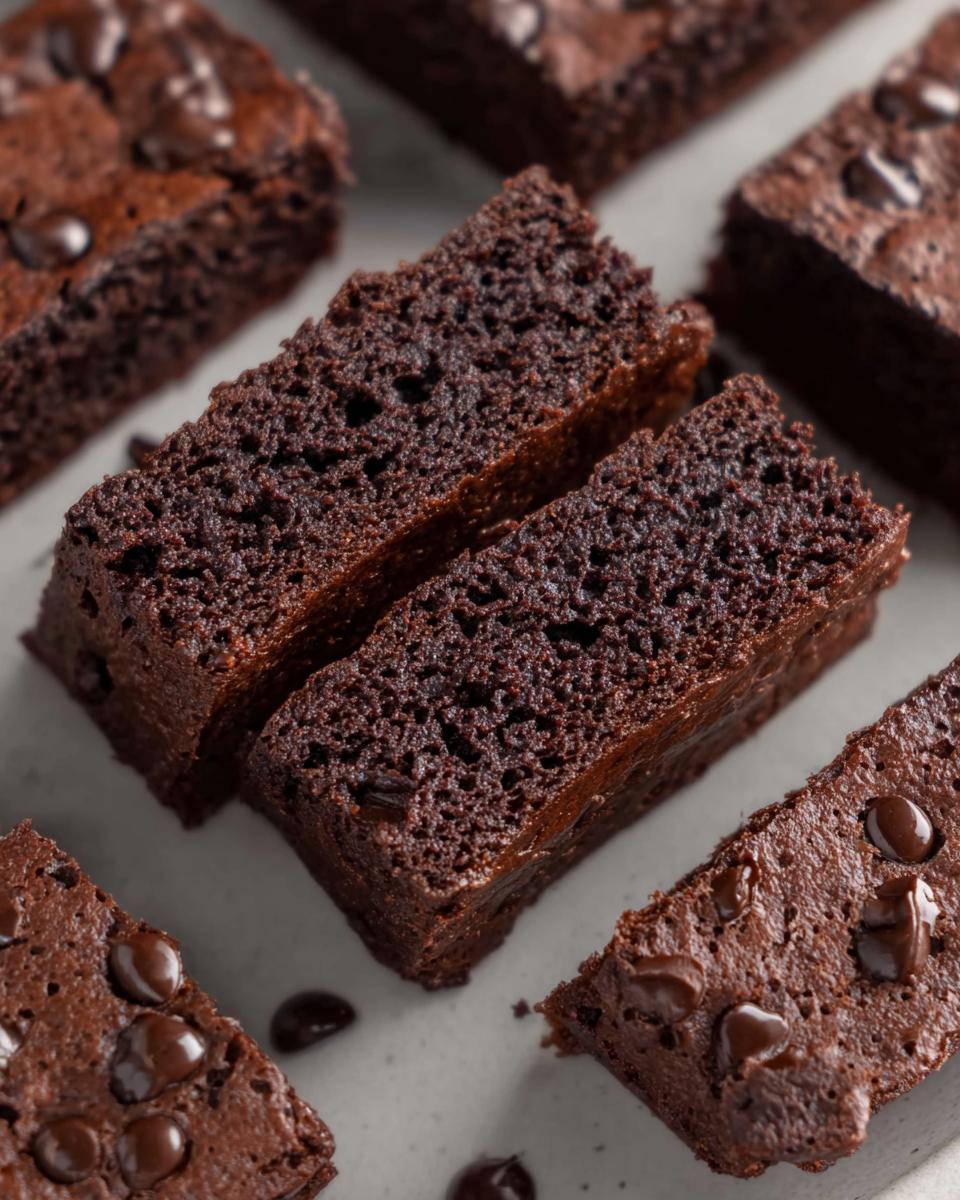 Close-up of rich, dark chocolate Greek Yogurt Brownies with melted chocolate chips.