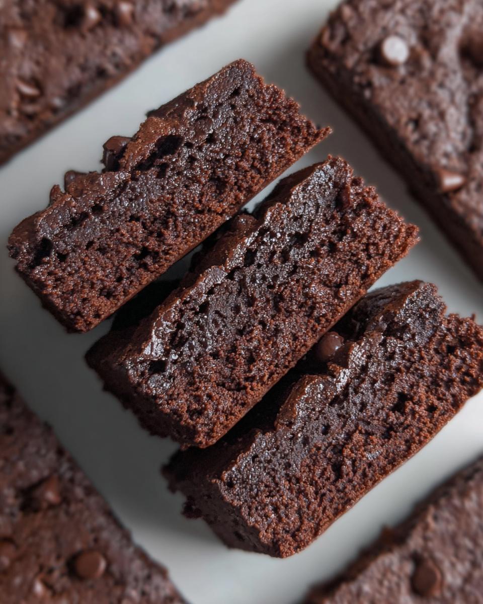 Close-up of moist, rich chocolate Greek Yogurt Brownies with visible chocolate chips.