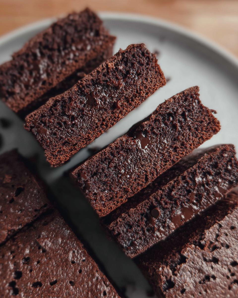 Close-up of decadent Greek Yogurt Brownies, sliced and arranged on a plate, with visible chocolate chips.
