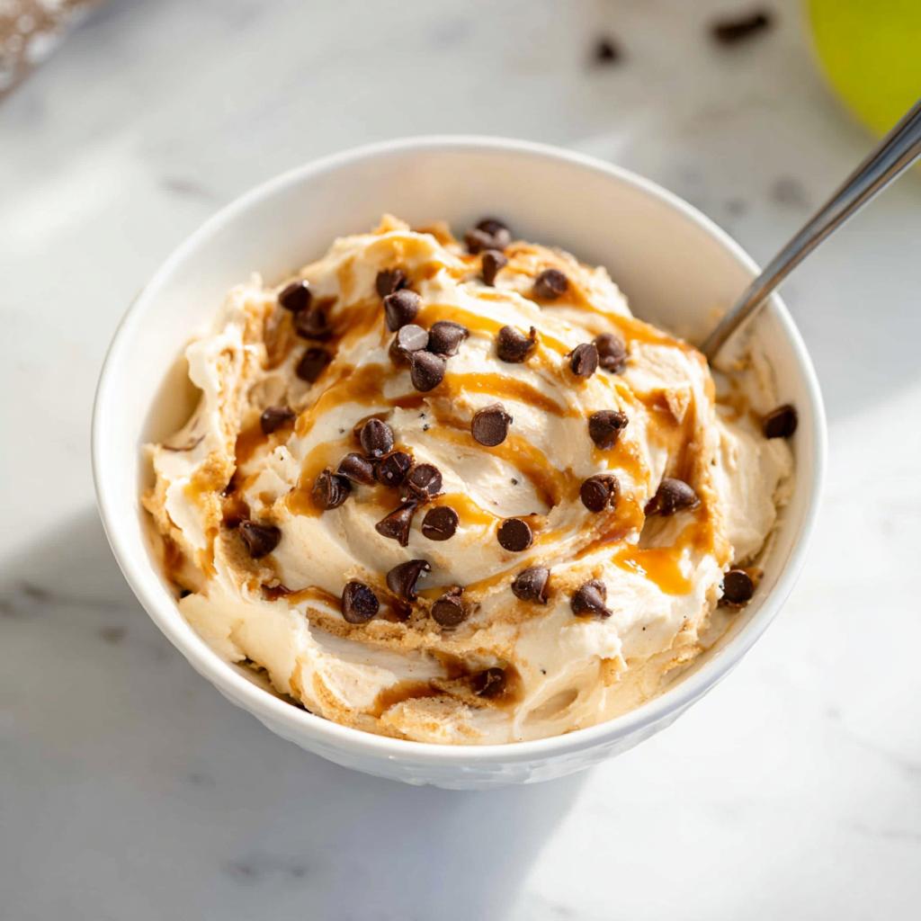 A bowl of creamy Greek Yogurt Cookie Dough topped with chocolate chips and caramel drizzle.