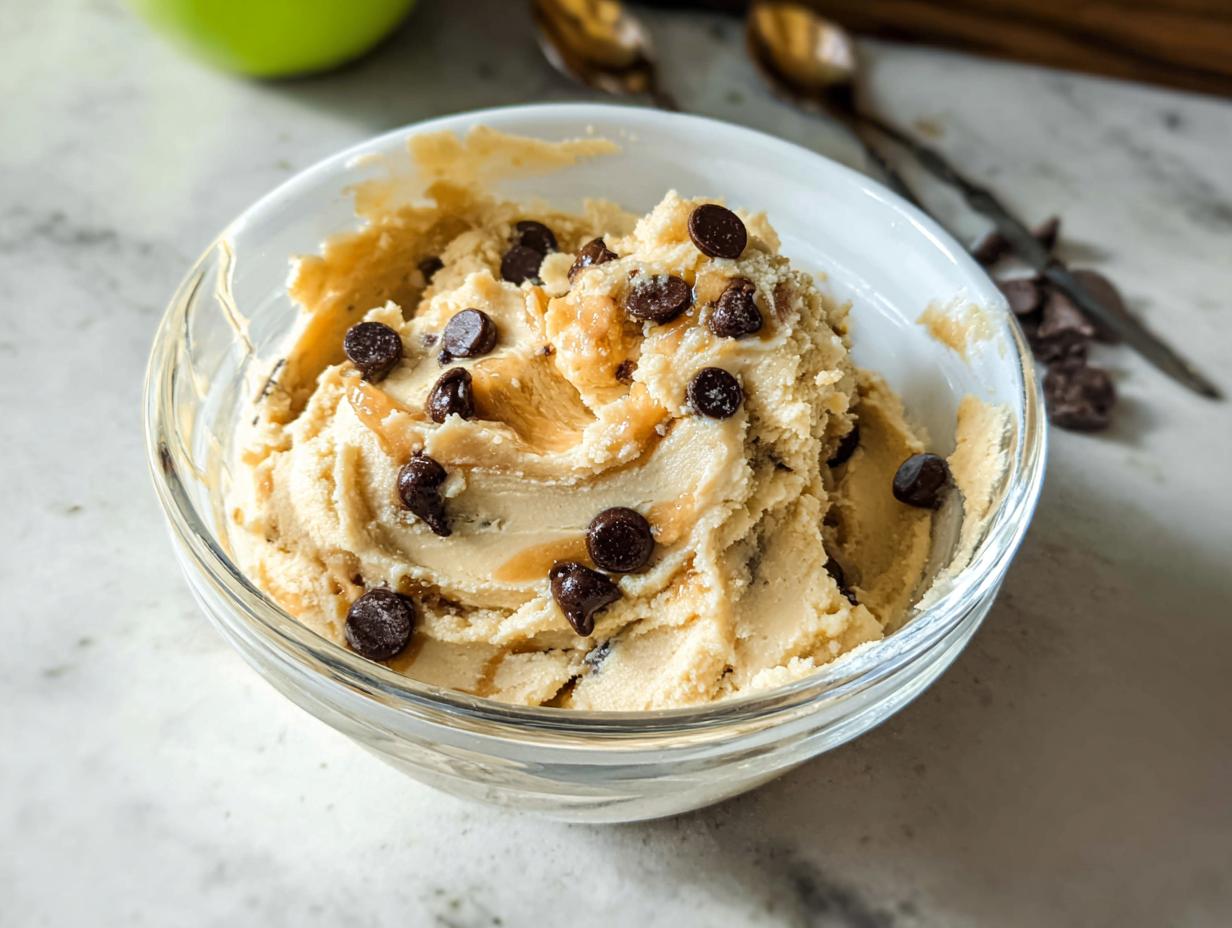 A bowl of delicious Greek Yogurt Cookie Dough, topped with chocolate chips and a drizzle of caramel.
