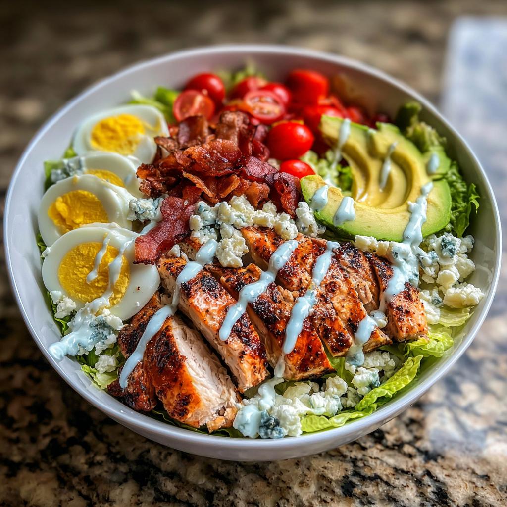 A delicious Grilled Chicken Cobb Bowl with lettuce, sliced grilled chicken, hard-boiled eggs, bacon, tomatoes, avocado, and blue cheese.