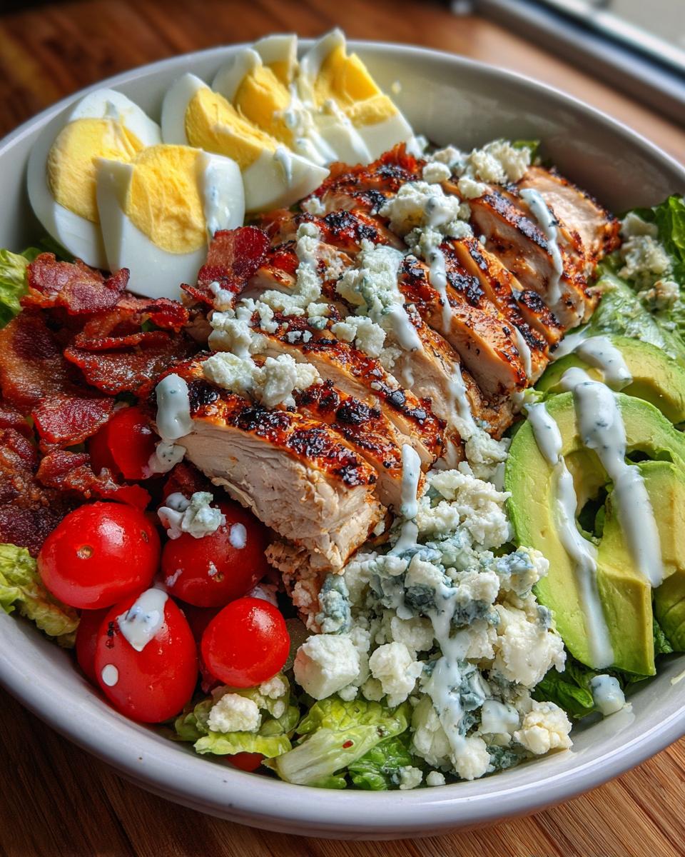 A vibrant bowl of grilled chicken Cobb salad, featuring grilled chicken, bacon, avocado, tomatoes, hard-boiled eggs, and blue cheese.