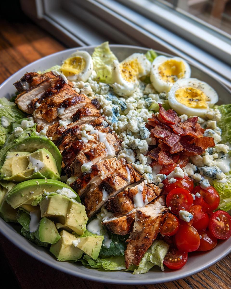 A close-up of a vibrant Grilled Chicken Cobb Bowl, featuring sliced grilled chicken, avocado, hard-boiled eggs, bacon, tomatoes, and blue cheese.
