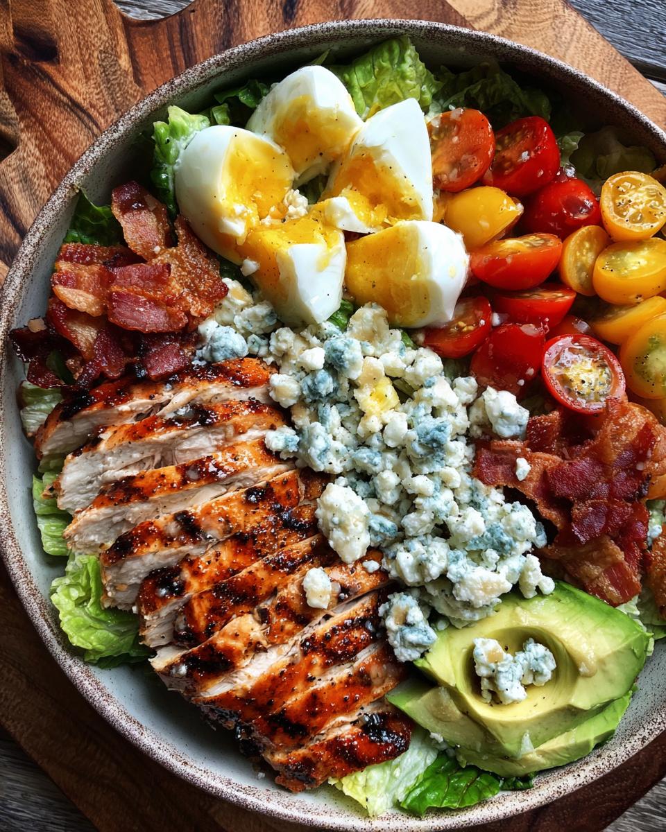 A delicious Grilled Chicken Cobb Bowl featuring sliced grilled chicken, bacon, hard-boiled eggs, cherry tomatoes, avocado, and blue cheese.