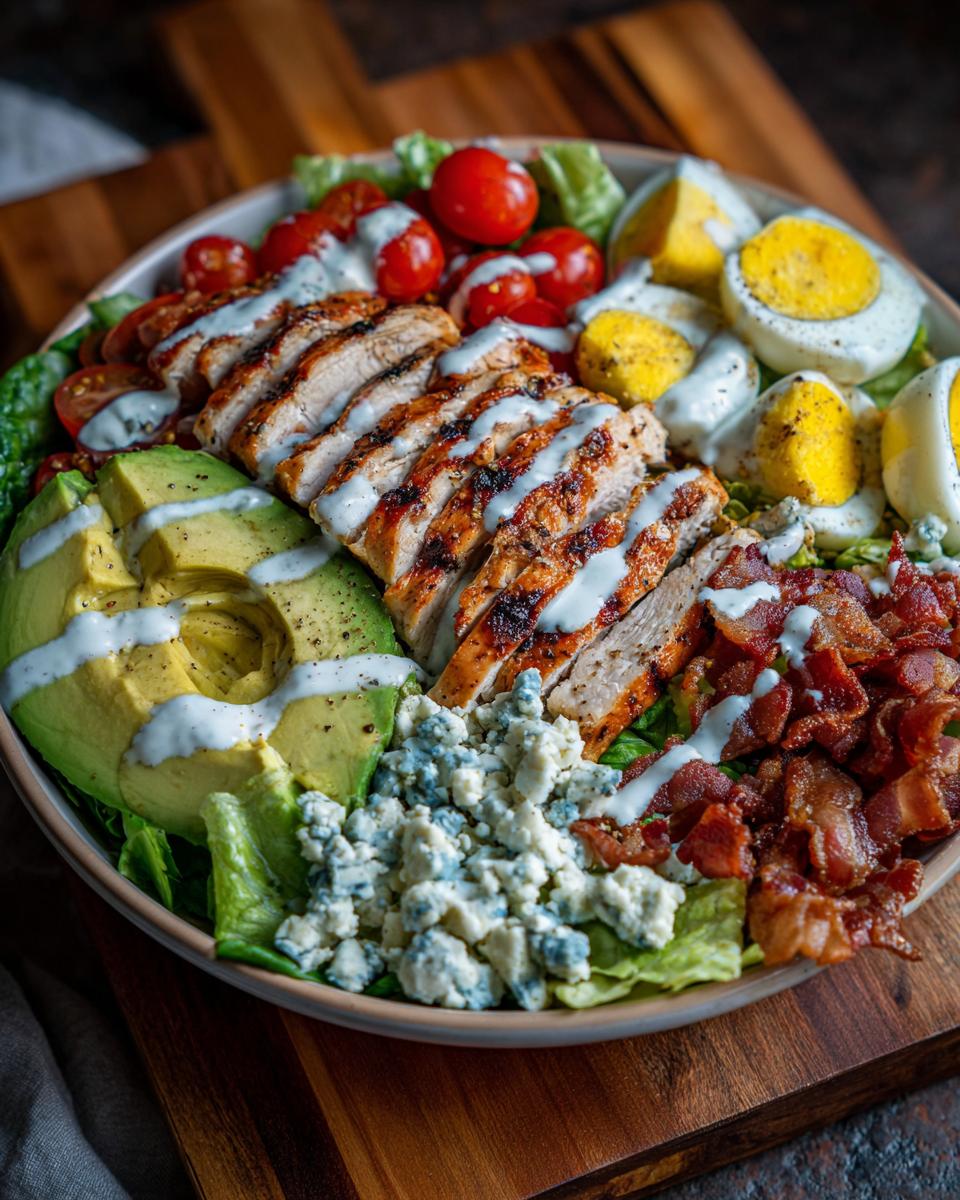 A vibrant Grilled Chicken Cobb Bowl featuring sliced grilled chicken, avocado, blue cheese, bacon, hard-boiled eggs, and cherry tomatoes.