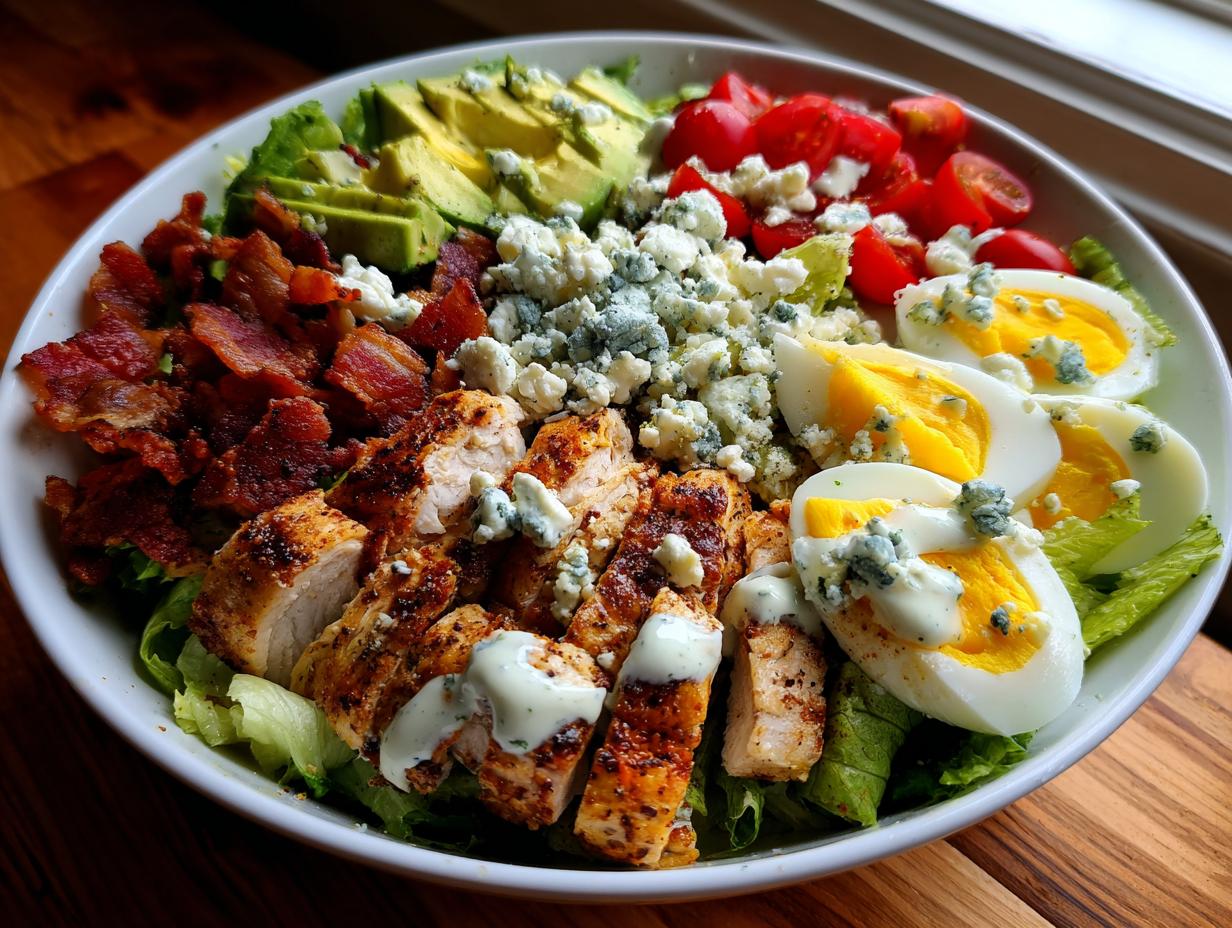 A vibrant Grilled Chicken Cobb Bowl featuring chopped grilled chicken, bacon, hard-boiled eggs, avocado, tomatoes, and blue cheese.