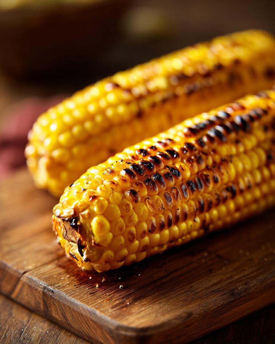 Close-up of two ears of grilled corn on the cob with char marks, ready for amazing grilling recipes.