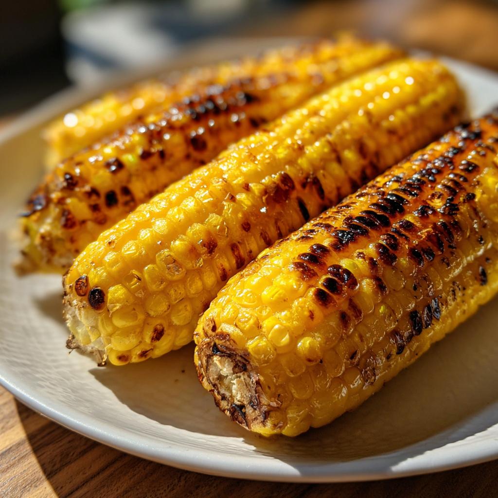 Close-up of four ears of perfectly grilled corn on the cob with char marks, ready to eat.