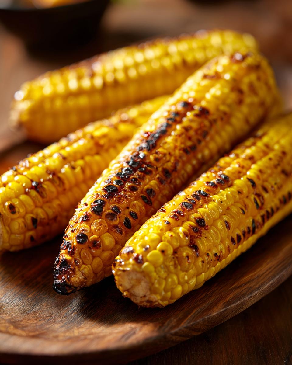Close-up of perfectly grilled corn on the cob with char marks, ready to be served.