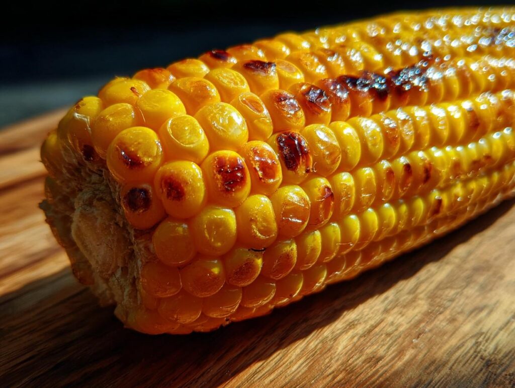 Close-up of a perfectly grilled corn on the cob, with golden kernels and slight char marks, resting on a wooden surface.