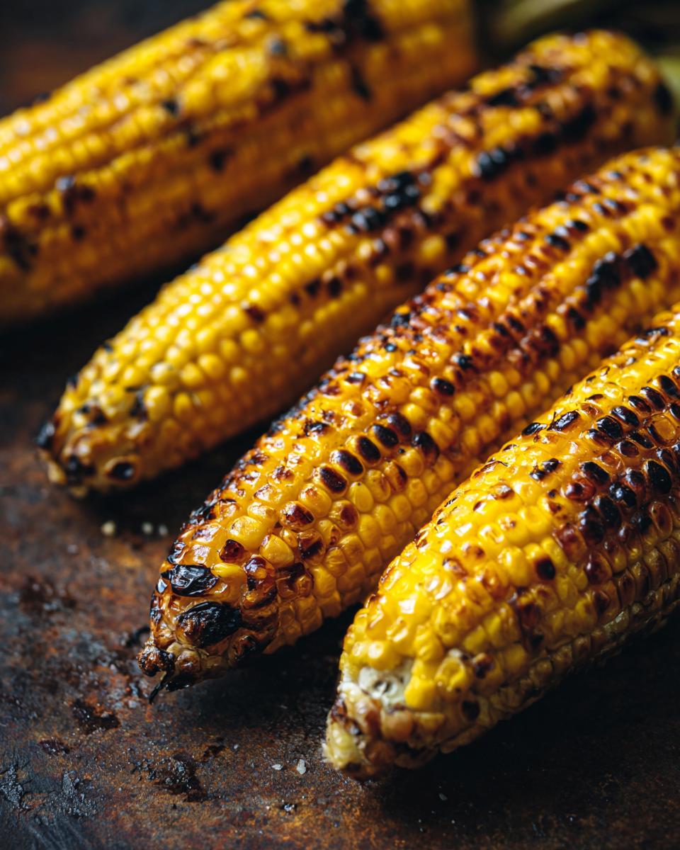 Close-up of four ears of perfectly grilled corn on the cob, with char marks and golden kernels, part of grilling recipes.