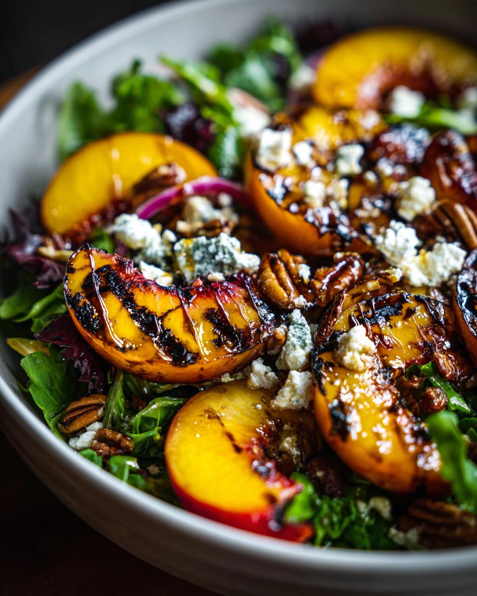Close-up of a delicious grilled peach salad featuring caramelized peaches, crumbled blue cheese, toasted pecans, and mixed greens.